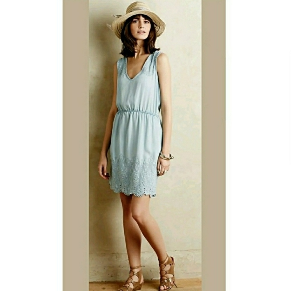 Anthropologie  Embroidered Chambray Dress Cut Out